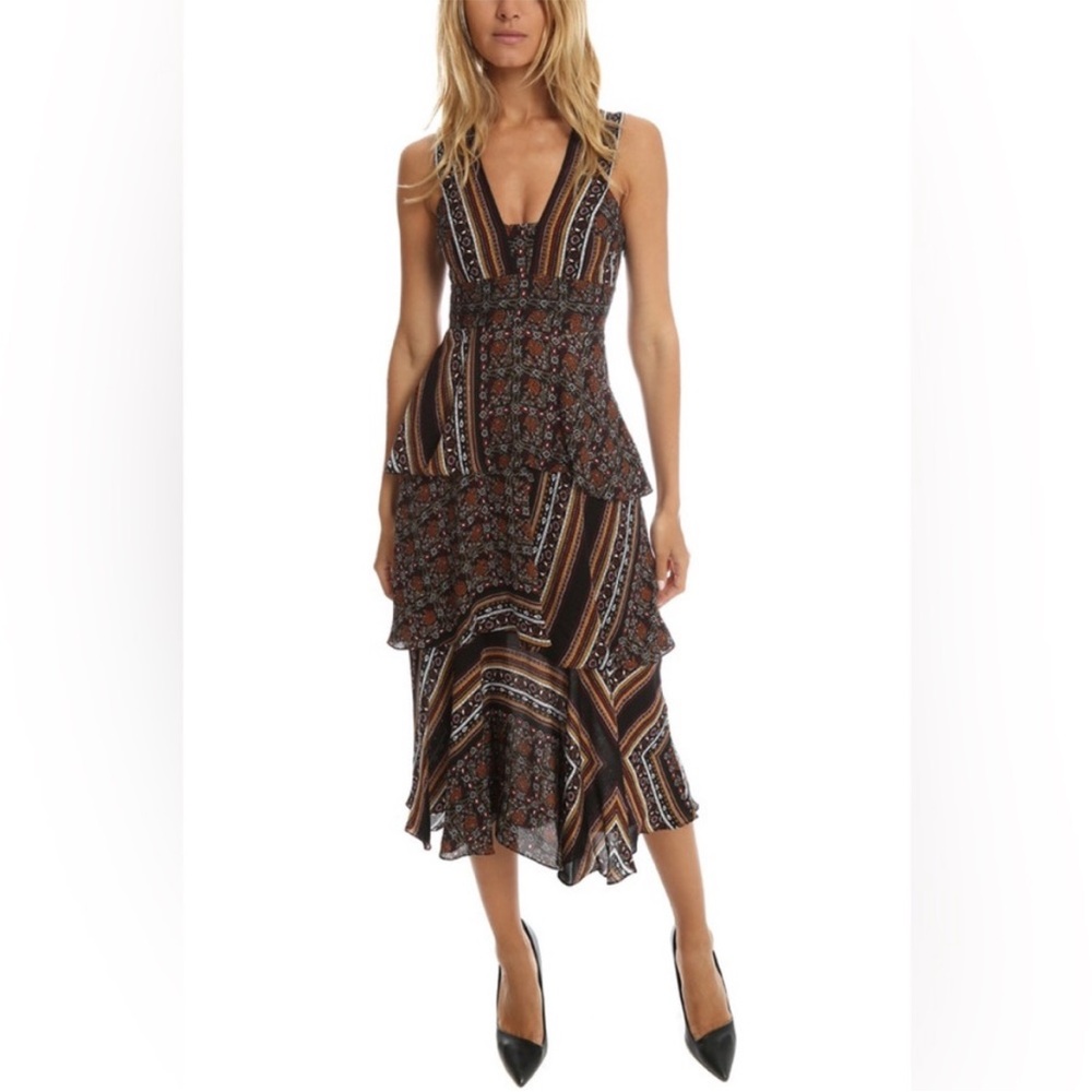 A.L.C. Dress Hayley Scarf-Print Tiered Sleeveless Dress Silk Size 6